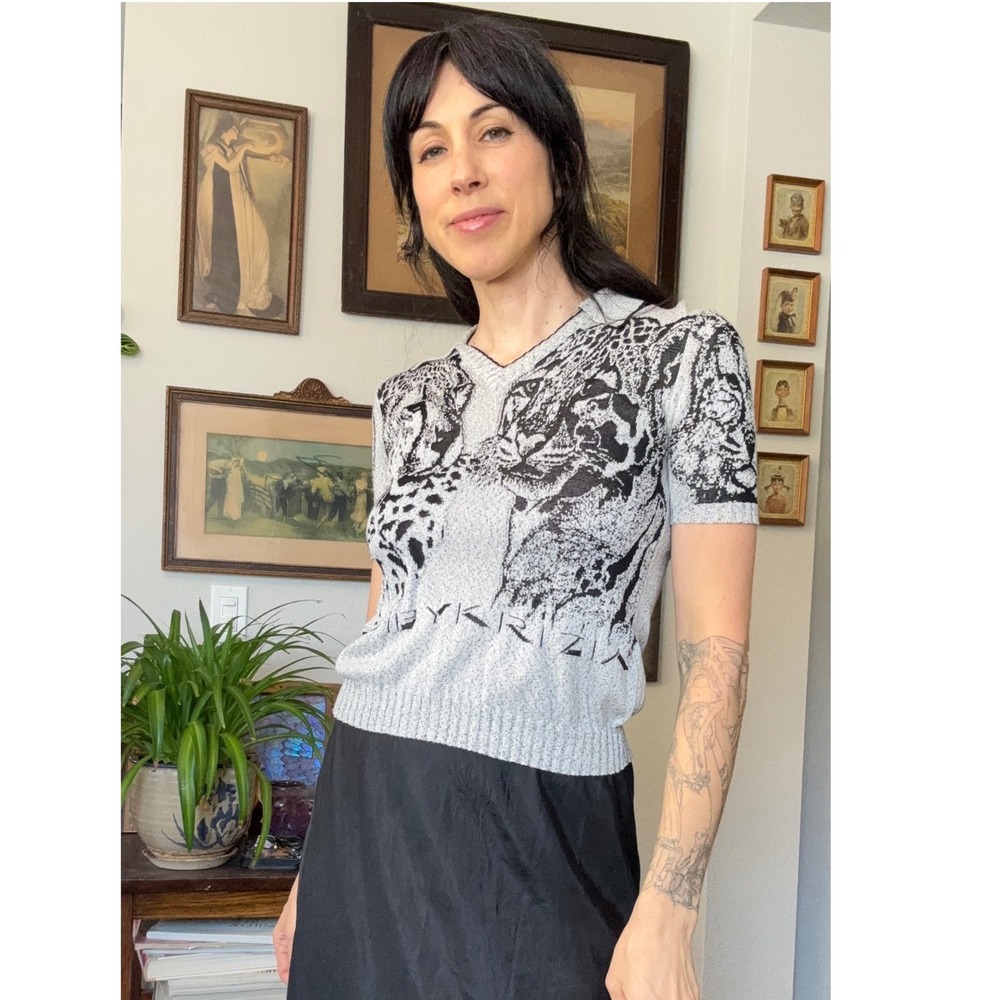 Vintage Poi by Krizia Leopard Panther Knit Polo Shirt Grey Black Made in Italy